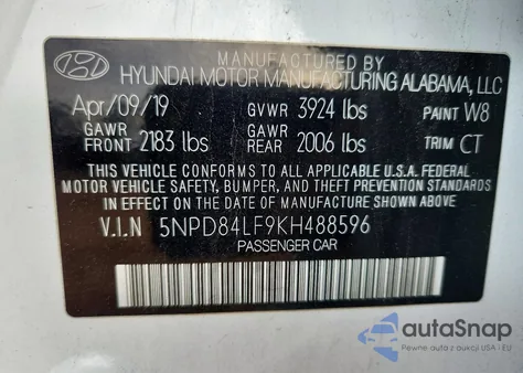 2019 Hyundai Elantra Sel z USA, uszkodzony, nr VIN 5NPD84LF9KH488596